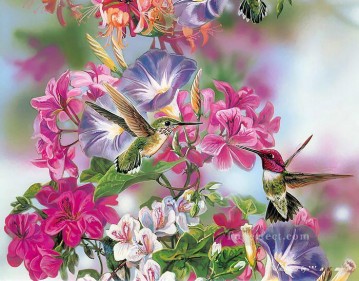 Photorealism Flowers Painting - birds song in flowers